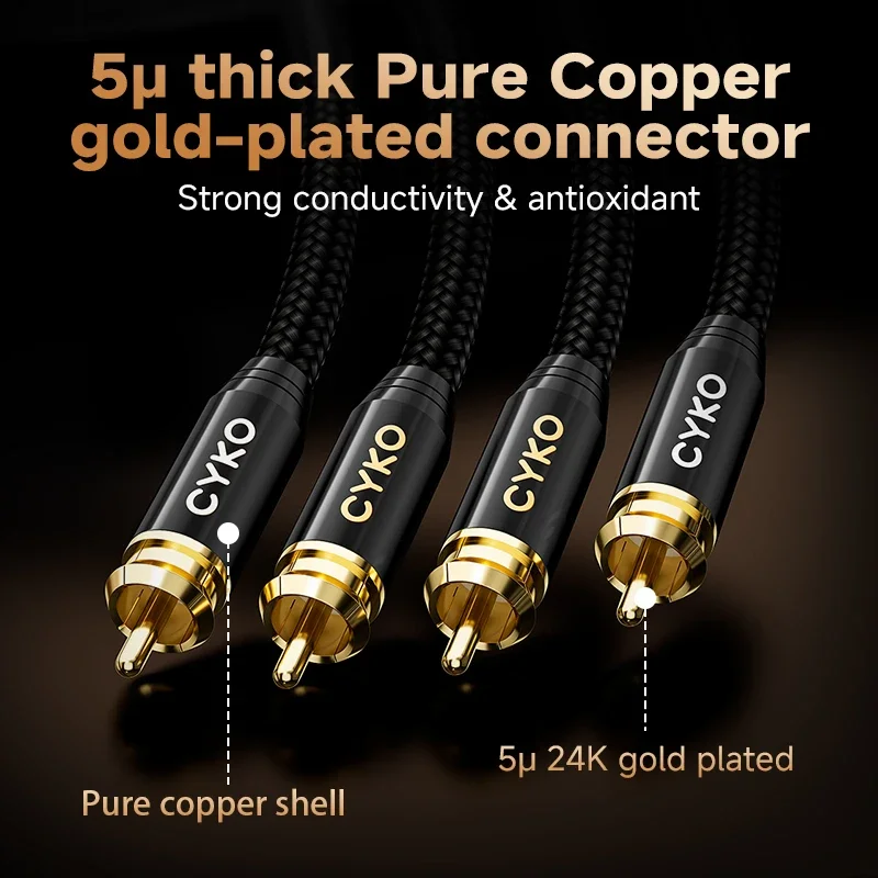 CYKO HIFI 1 زوج ستيريو 6N OFC عالية الأداء قسط 2RCA إلى 2RCA كابل الصوت لمكبر الصوت DVD