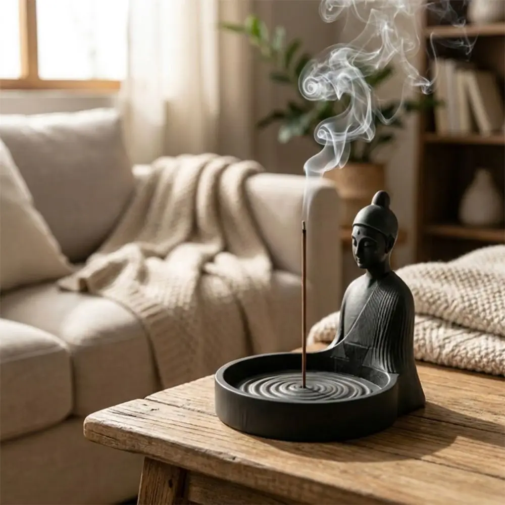 Zen Style Chinese Incense Stick Holder with Ash‑Catching Meditating Monk Incense Burner Simulated Minimalist