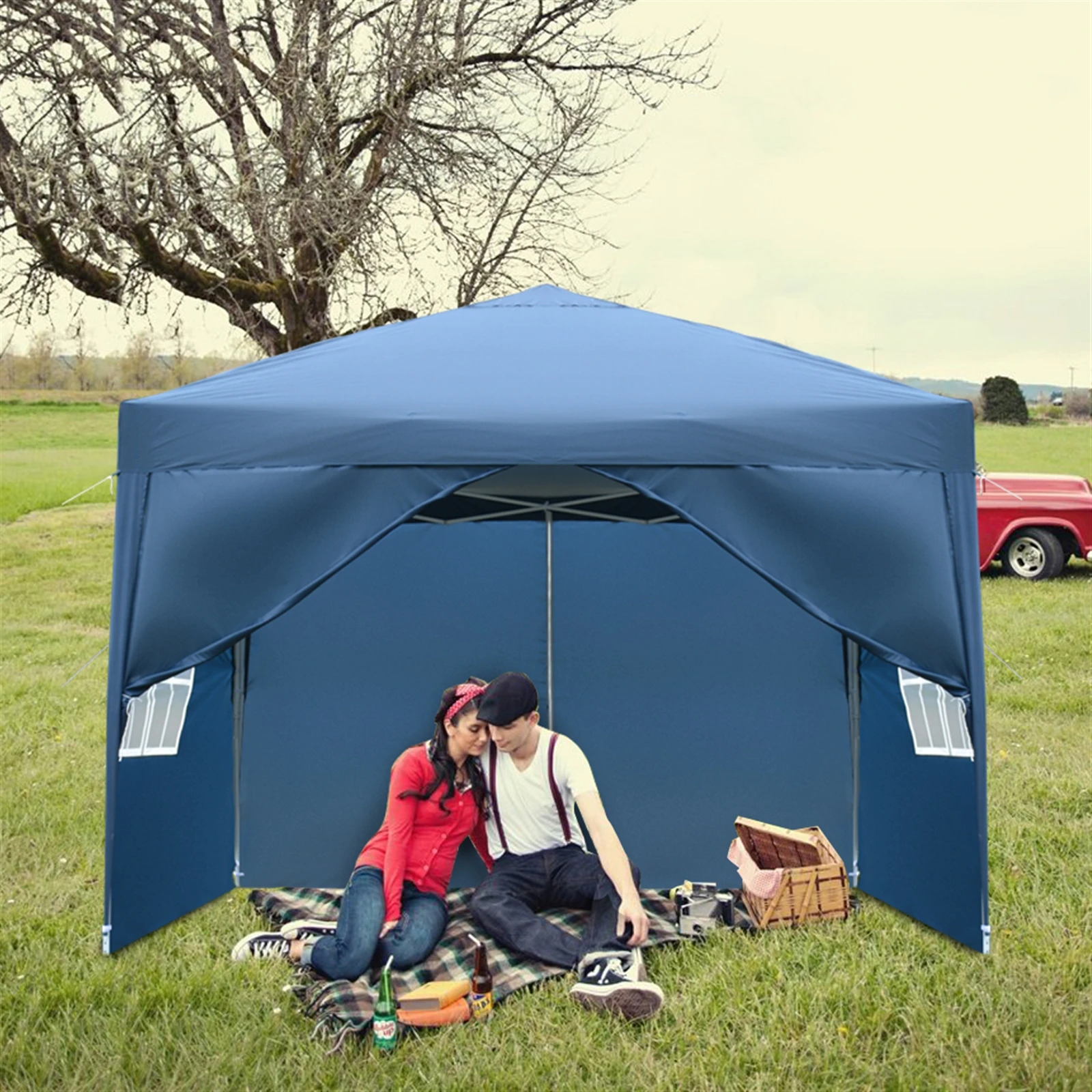 3x3M Waterproof Folding Canopy 2 Doors & Windows, Portable Sun & Rain Shelter for Outdoor Camping & Beach & Picnic