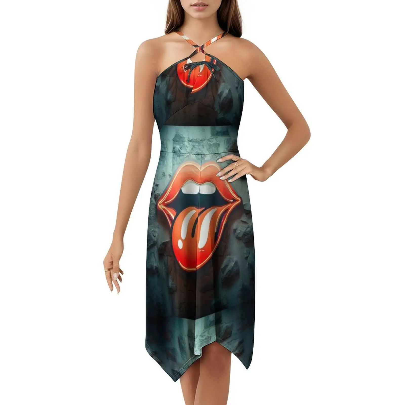 ضوء النيون على الحائط الحضري: فستان على الطراز الكوري لللسان والشفاه للنساء فستان كاجوال أنيق للحفلات أو الارتداء اليومي ضوء النيون #5