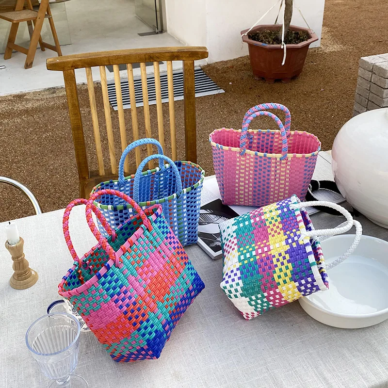 

New Fashion Vegetable Basket Bag for Women Summer Colorful Striped Handbag Woven Top Handle Tote Bags Travel Beach Shopper Bags