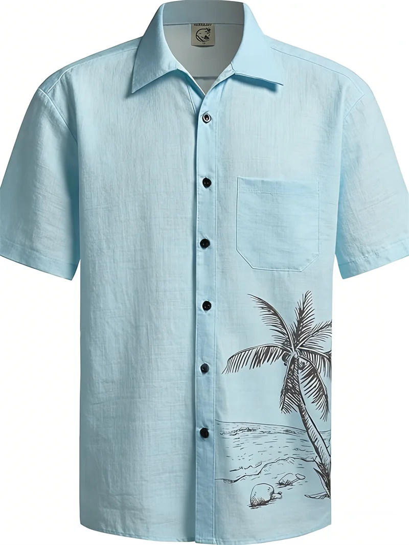 New fashionable business line printed linen short sleeved shirt for men's summer lightweight collared shirt