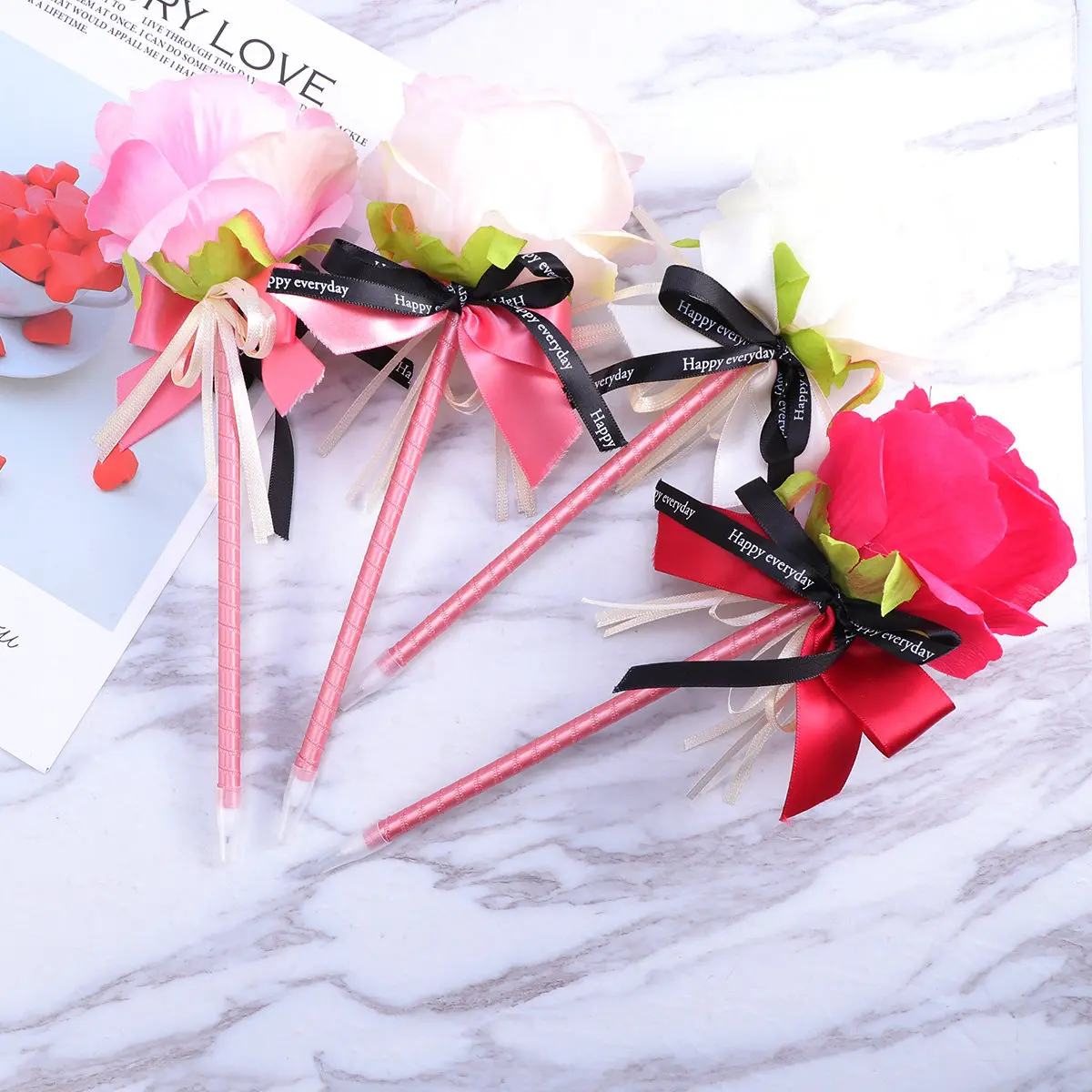 

5Pcs Peony Flower Ballpoint Pens with Ribbon Twist Design Decorative Stationery for Girls Women Students Office Home Gifts