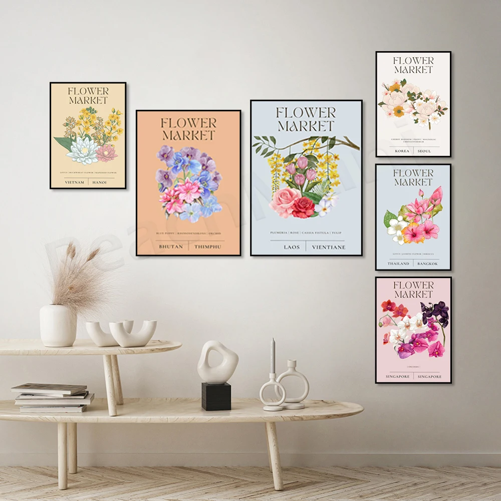 Vietnam, Korea, Bhutan, Thailand lotus jasmine hibiscus peony magnolia chrysanthemum flower plant flower market travel poster