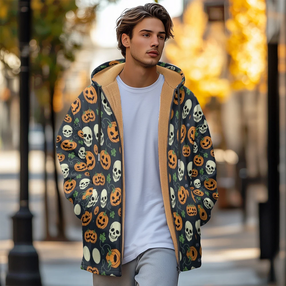 Ropa de invierno para hombre, novedad en abrigos de plumas, chaqueta acolchada de algodón con patrón de murciélago de la serie de Halloween, cremallera de bolsillo con estampado de plumas