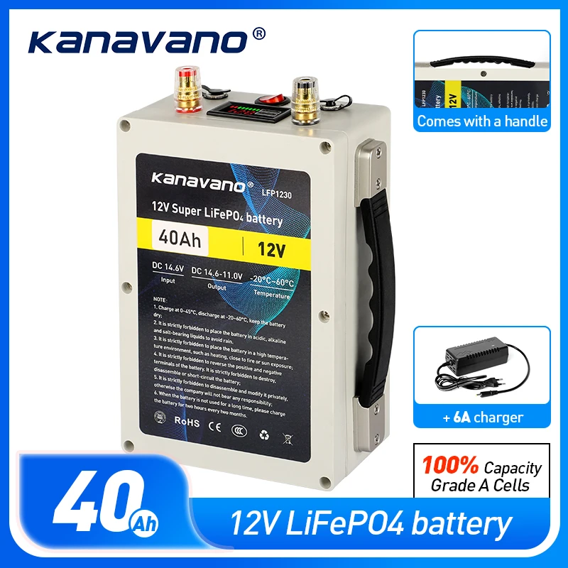 Kanavano LiFePO4 12V 40Ah Rechargeable Battery Pack Built-in 12.8V 50A BMS For Golf Backup Power Solar Energy with USB