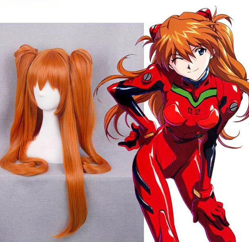 EVA Asuka Langley Soryu rambut sintetis lurus oranye panjang Wig kostum Cosplay tahan panas + 2 klip ekor kuda