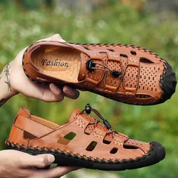 2023 Leather Sandals Men Breathable Summer Shoes Man Waterproof Outdoor Men Sandals Antiskid Beach Sandals Hollow Shoes Footwear