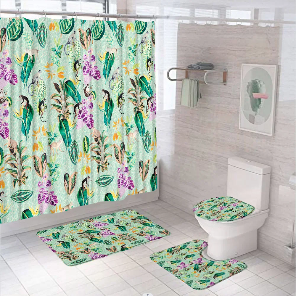 

4Pcs Jungle Wildlife Animal Shower Curtain Set Bathroom Screen Monkey Tropical Leaves Modern Plant Bath Mat Toilet Lid Cover Rug