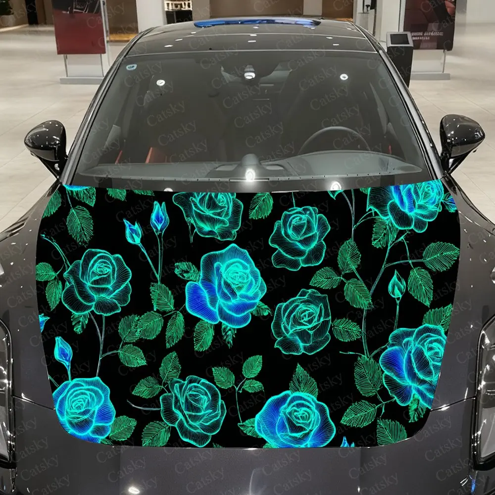 

Cyan Blue Rose Shadows Car Vinyl Wrap, PVC Waterproof Car Hood Sticker, Self-Adhesive Scratch-Resistant Stickers