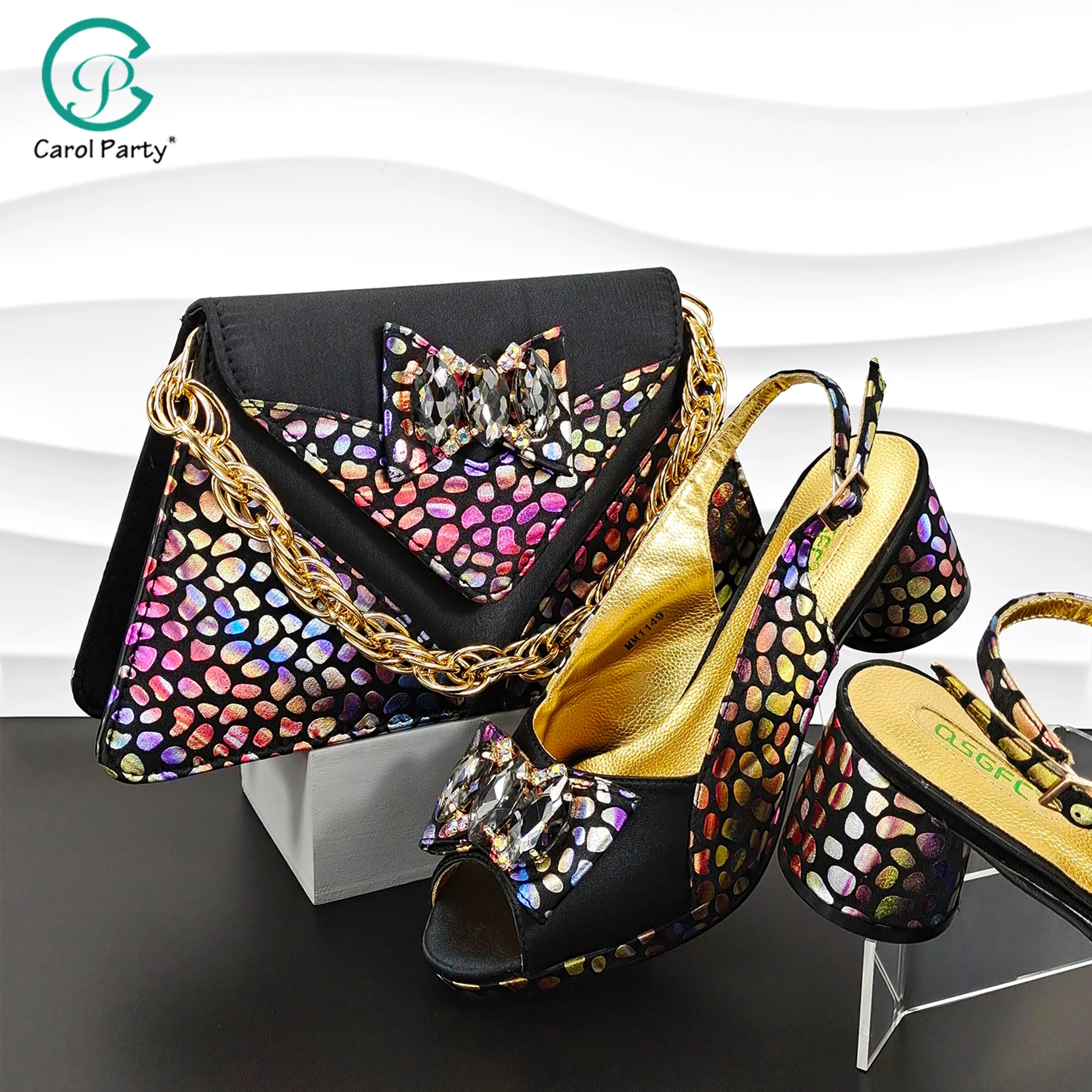 

African Women's Favorite Colorful Polka Dot Design Rainbow Black Fashion Open Toe High Heels Elegant Women's Shoes and Bag Set