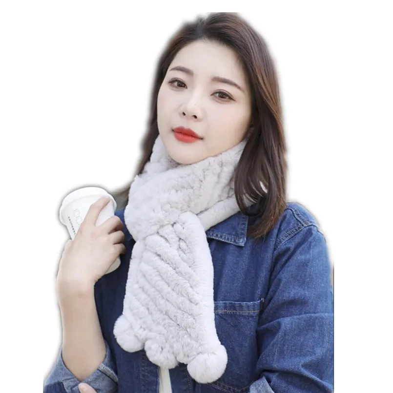 Female Autumn Winter New Real Rex Rabbit Fur Scarf Thick Warm Solid Color Women Wraps with Pompom