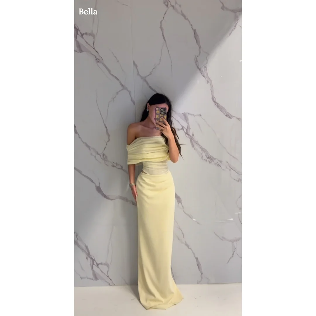 

Bella Customized Robes De Soirée Pour Femmes Vibrant Yellow Off Shoulder Prom Dress With Ruffled Neckline Mermaid Hem Flowy