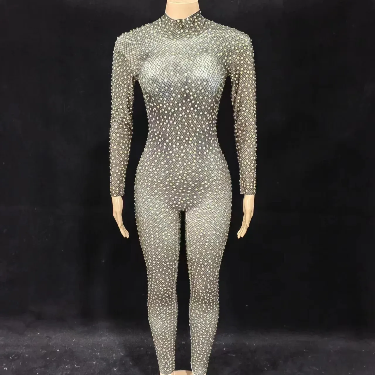 Full Rhinestones Jumpsuit Women Elastic Long Sleeve Crystal Rompers Sexy Party Rave Outfit Nightclub Bar Stage Wear
