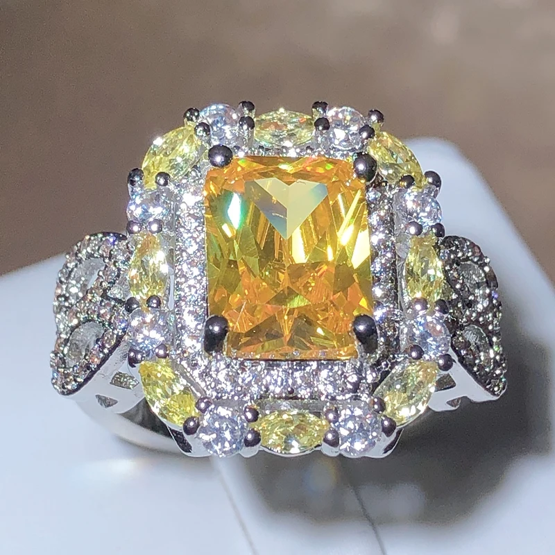 Gorgeous Square Yellow CZ Women Ring Bright Vintage Party Female Elegant Accessories High Quality Jewelry Wholesale