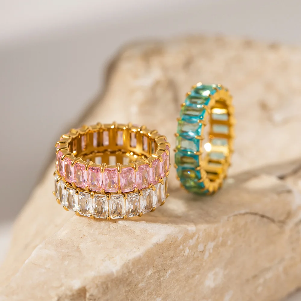 

Stainless Steel PVD 18K Gold Plated Tarnish Waterproof Colorful Crystal Rings For Woman Jewelry Wholesale INS
