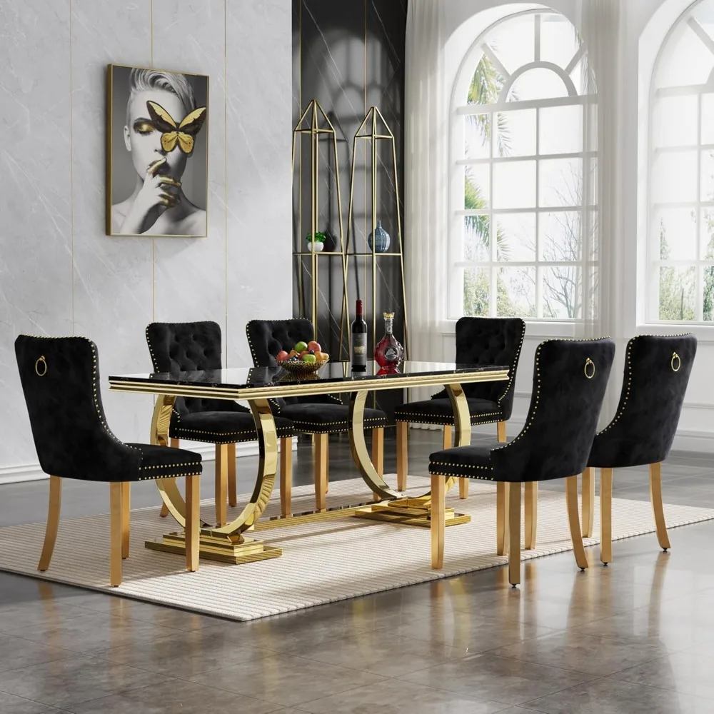 

Dining Table and Chairs ,w/6 Black Velvet Upholstered Chairs,7 Piece Black Faux Marble Dining Room Table Set