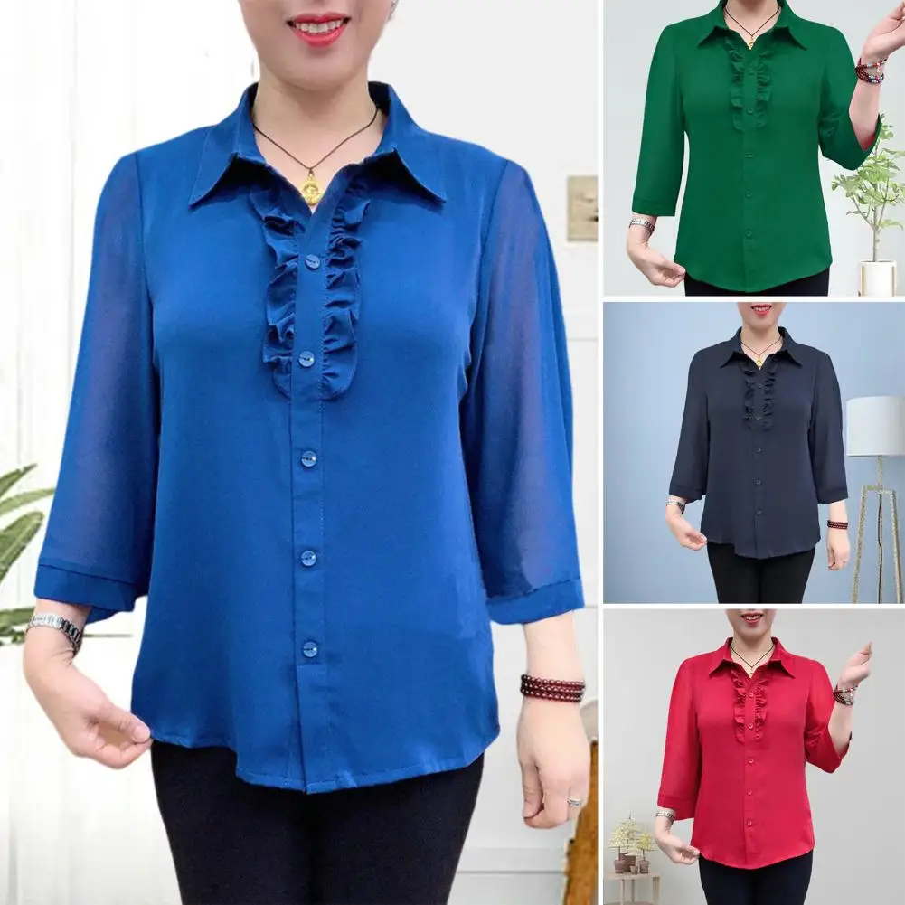 

Women Shirt Solid Color Lapel Single Breasted Shirt Top 3/4 Sleeve Ruffle Sheer Casual Mother Shirt Top Female Clothing