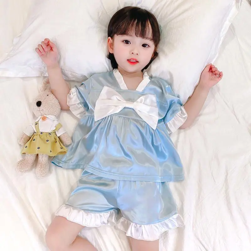 Girls Pajama Set Summer Slim Air-conditioned Suit Cute Bow Blue Pajama for Girls Trendy Home Wear Pajamas