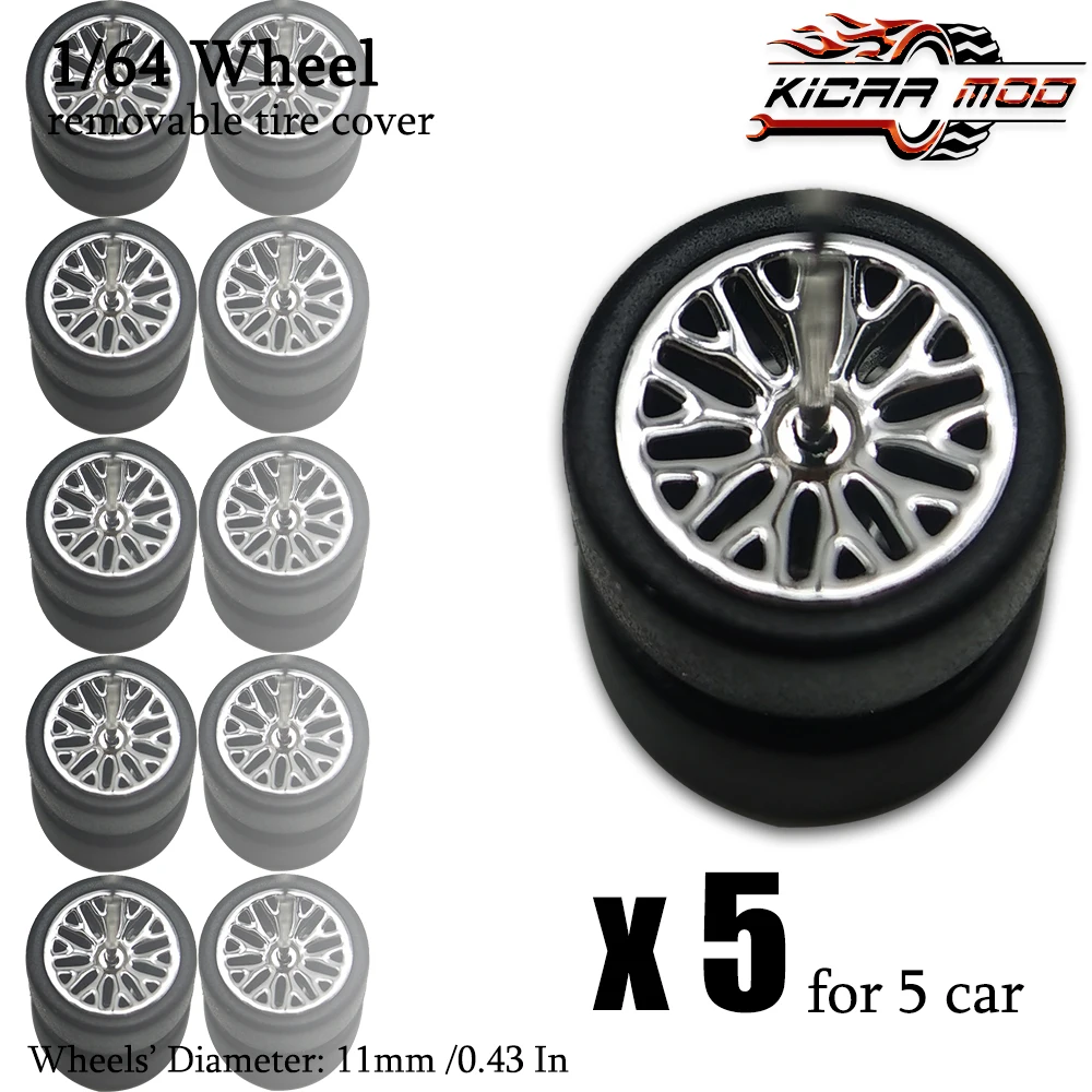 1/64 Wheels with Detachable Slick Rubber Tires Branched Spokes for Toy Model Diecast Cars Refiting Parts for Hotwheels (5 Sets)