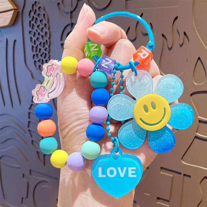 Cute Smiling Flower Keychains Korean Style Sweet Colorful Sunflower Keyrings With Beaded Chains Acrylic Flowers Keys Accessories