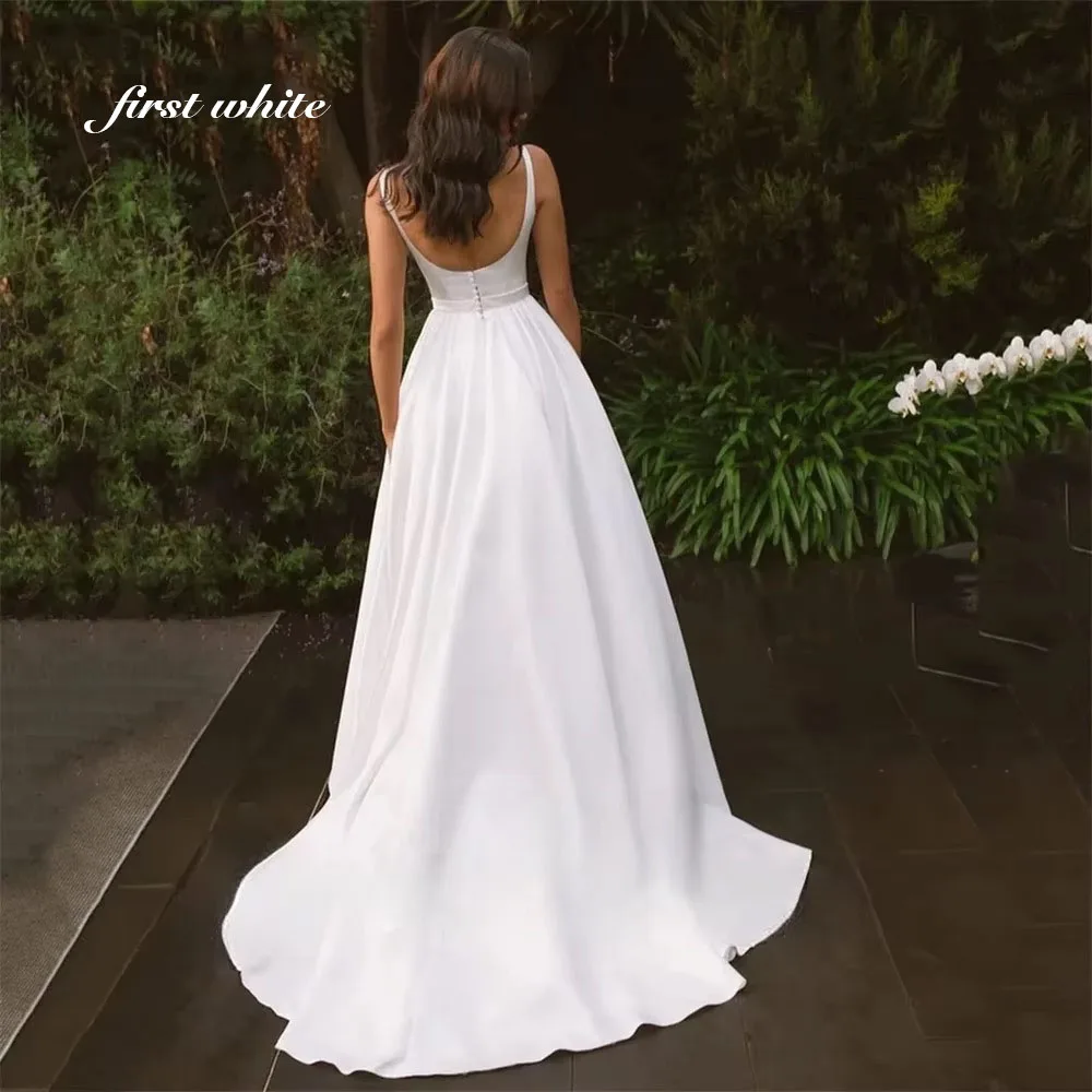 Elegant White Satin Wedding Dresses Sleeveless Simple Bridal Gowns for Women Bride Open Back ALine Vestido de Novia Customized
