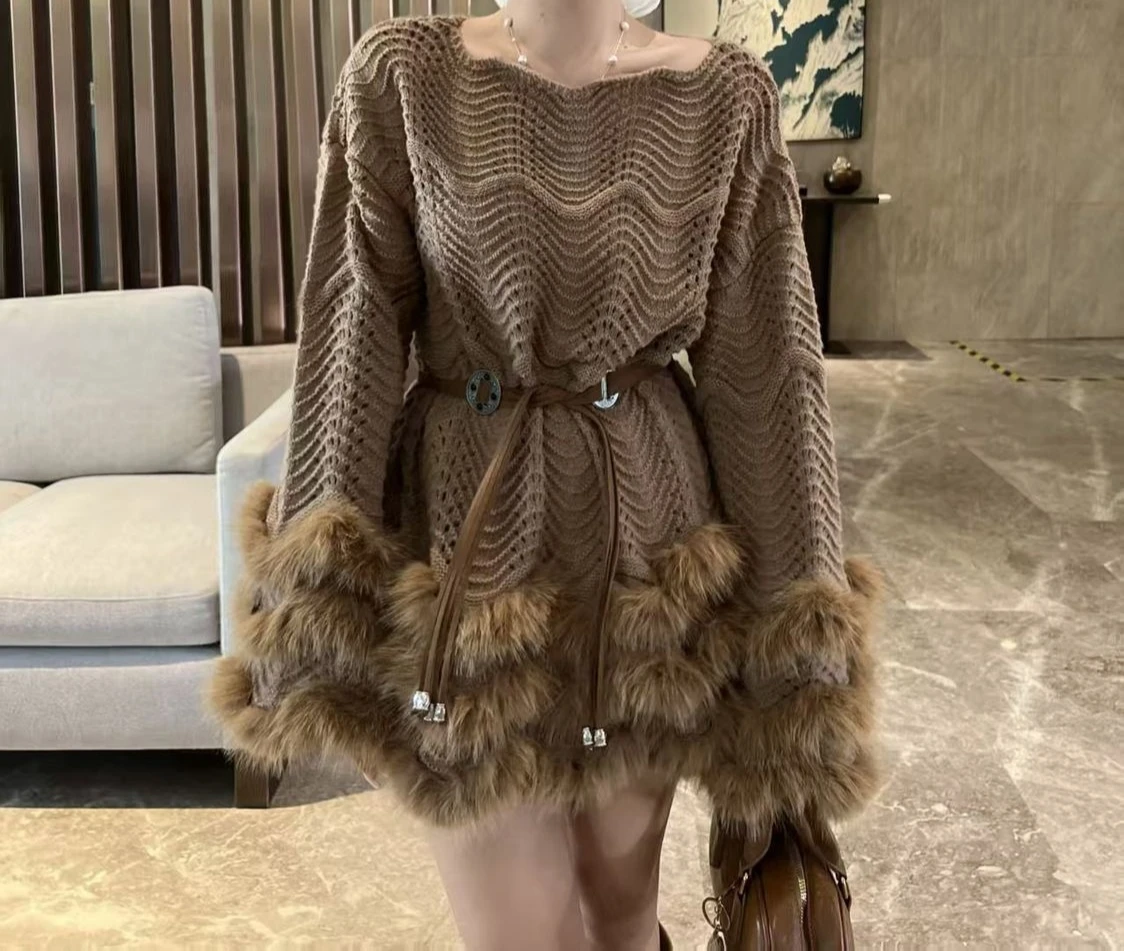

Belt and Waist Collection Knitted Dress for Women 2025 New Style Spliced with Exquisite Fur Fur Dress