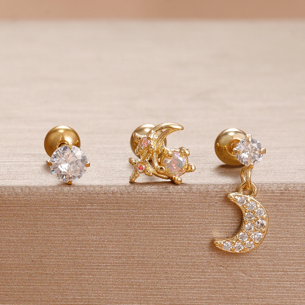 رائعة ريترو القمر الفولاذ المقاوم للصدأ الزركون الأذن وأقراط مجموعة للنساء موضة الكورية 14K مطلية بالذهب القرط مجوهرات