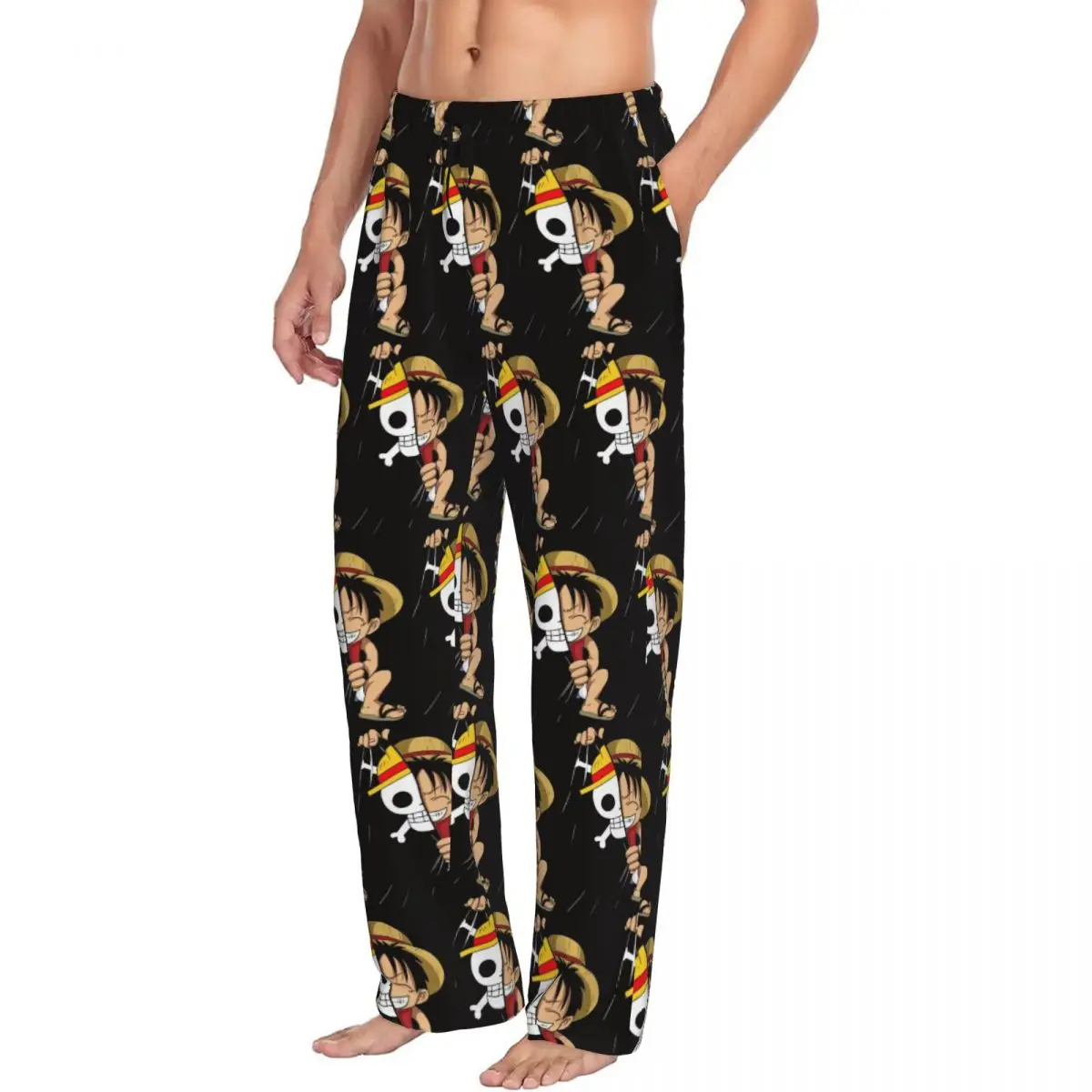 Custom Print One Pieces Cute Luffy Pajama Pants for Men Straw Hat Pirates Sleep Sleepwear Bottoms with Pockets