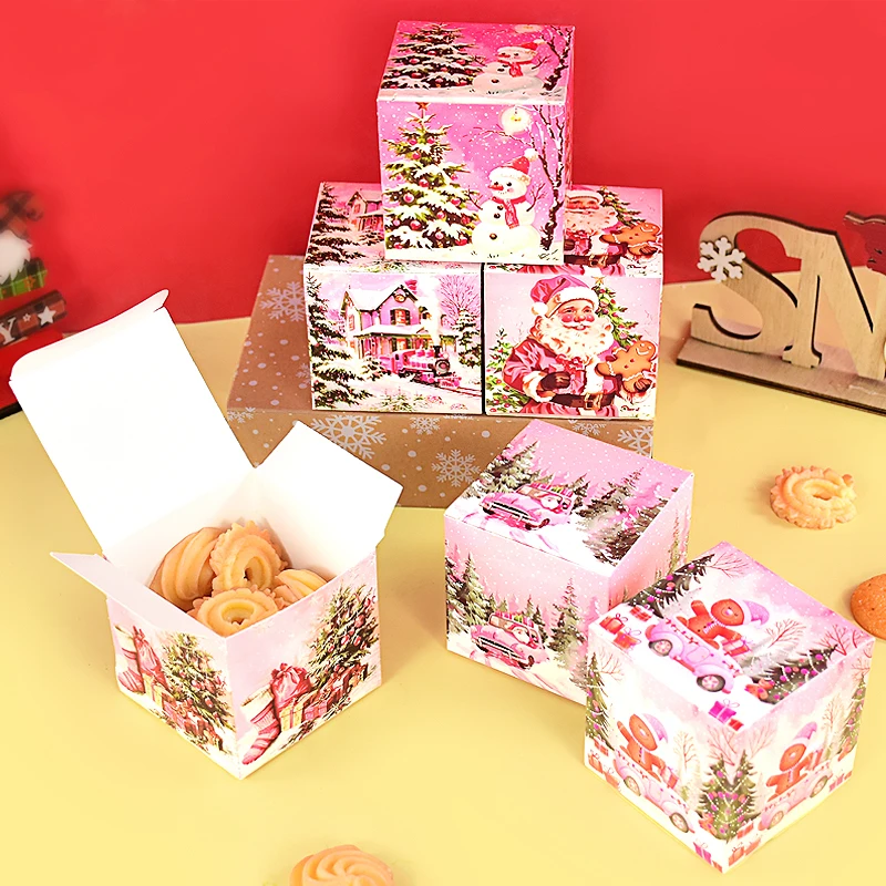 6 unids/set caja de dulces de Navidad rosa Santa Claus patrón de dibujos animados galleta Snack embalaje caja de regalo Navidad Año Nuevo decoración navideña