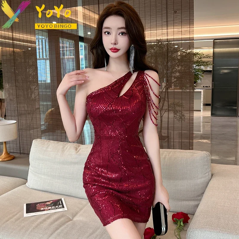 Elegant Luxury Slant Shoulder Hollow Sequin Sleeveless tassel Short Dress Fashion Temperament Slim Party Sexy Nightclub Dress