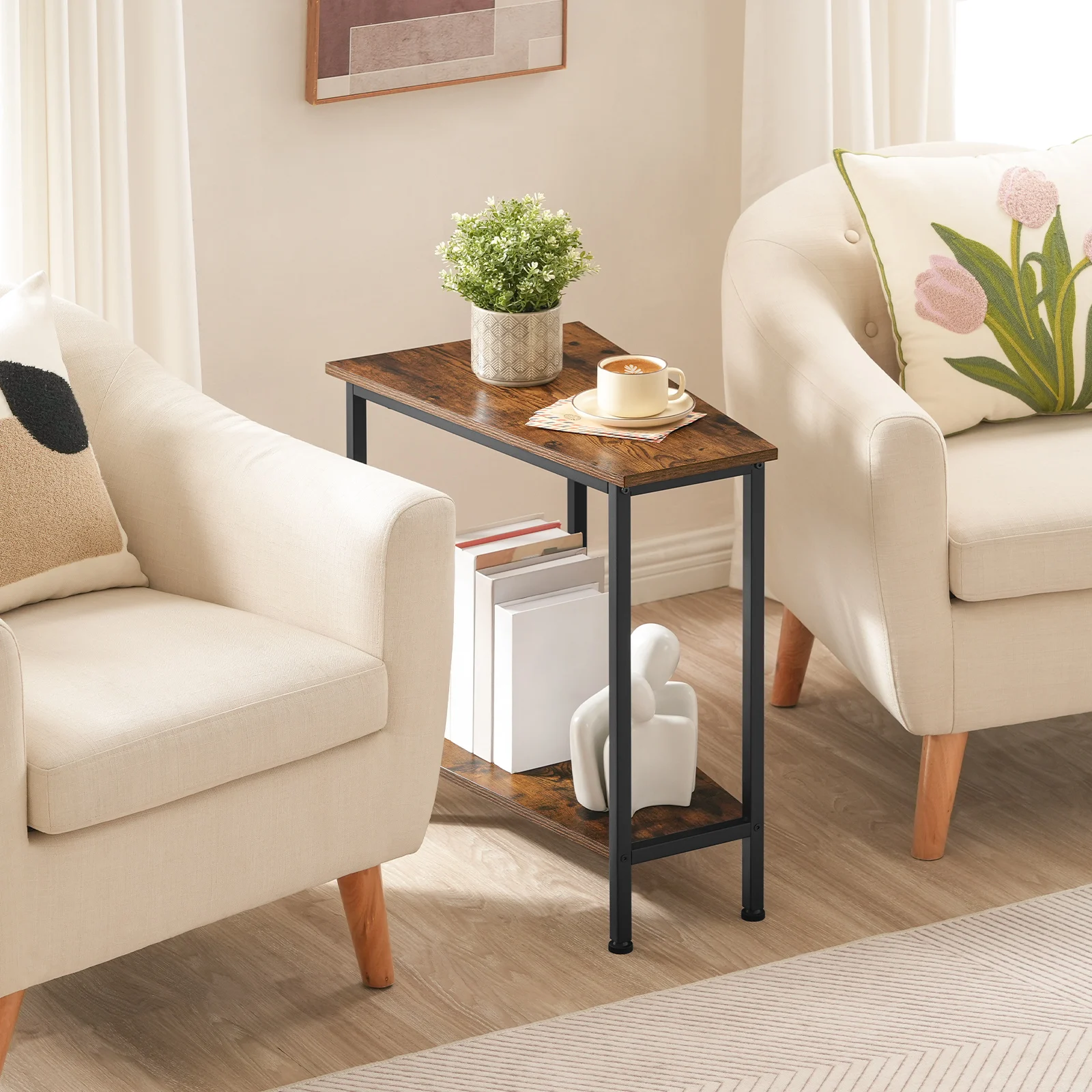 Wedge End Table, Recliner Wedge Side Table with Storage, Industrial Triangle Accent Table for Small Space, Corner 3