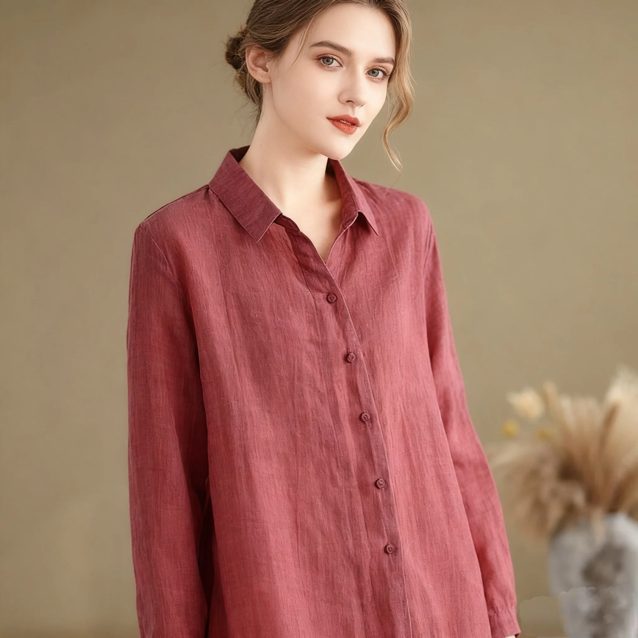 【เสื้อโอเวอร์ไซส์】(40-150 กก.) เสื้อผู้หญิงฤดูร้อน ผ้าฝ้ายลินิน ไซส์ใหญ่ แขนยาว คอปกเรียบ เสื้อแฟชั่นสไตล์พื้นฐาน