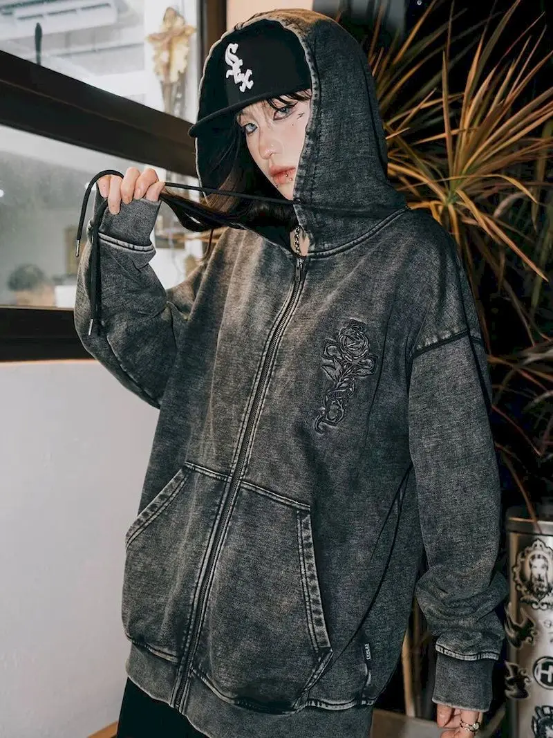 

Oversized Hoodies for Women and Men Fashion Vintage Tattoo Washed Hooded Jackets Cardigan Hooded Embroidery Sweatshirt Autumn