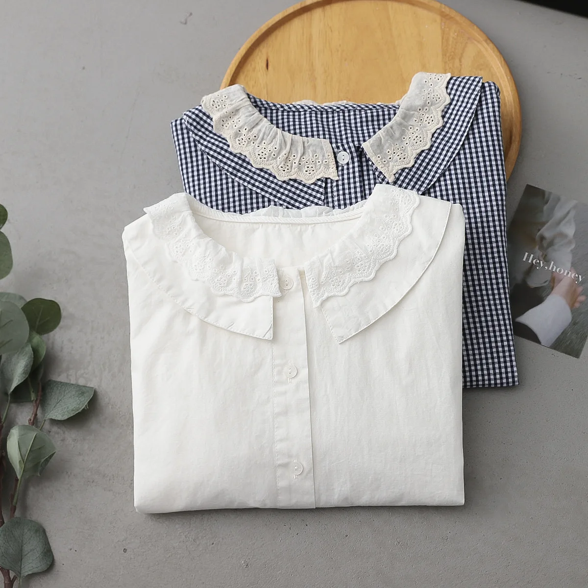 New Autumn Cotton Shirt Women Lace Double Layered Collar Top Girl Long Sleeve Gingham Print Loose Basics Blouses Spring T39801QM