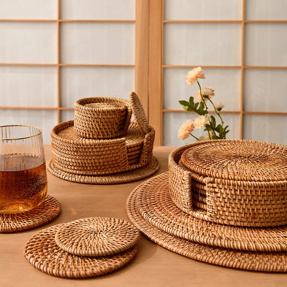 

4Pcs Rattan Coasters Handmade Woven Heat Insulation Mats for Cups Bowls Kitchen Dining Table Rattan Coasters Woven Cup Pad