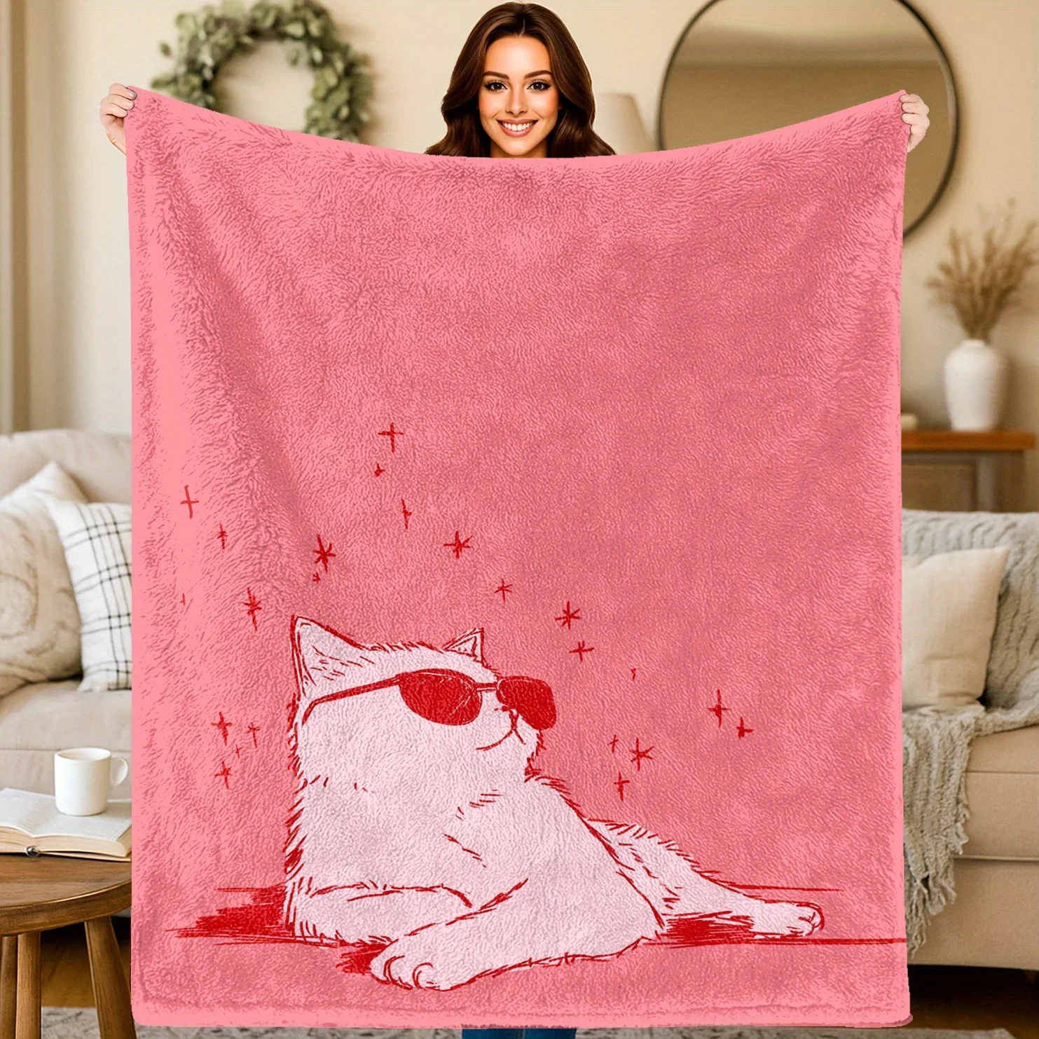 Aesthetic Pink Cat Sunglasses Throw Blanket Fleece Cozy Decor Gift for Pet Lover Sofa Bed Winter Cute Kitten Keepsake Warmth