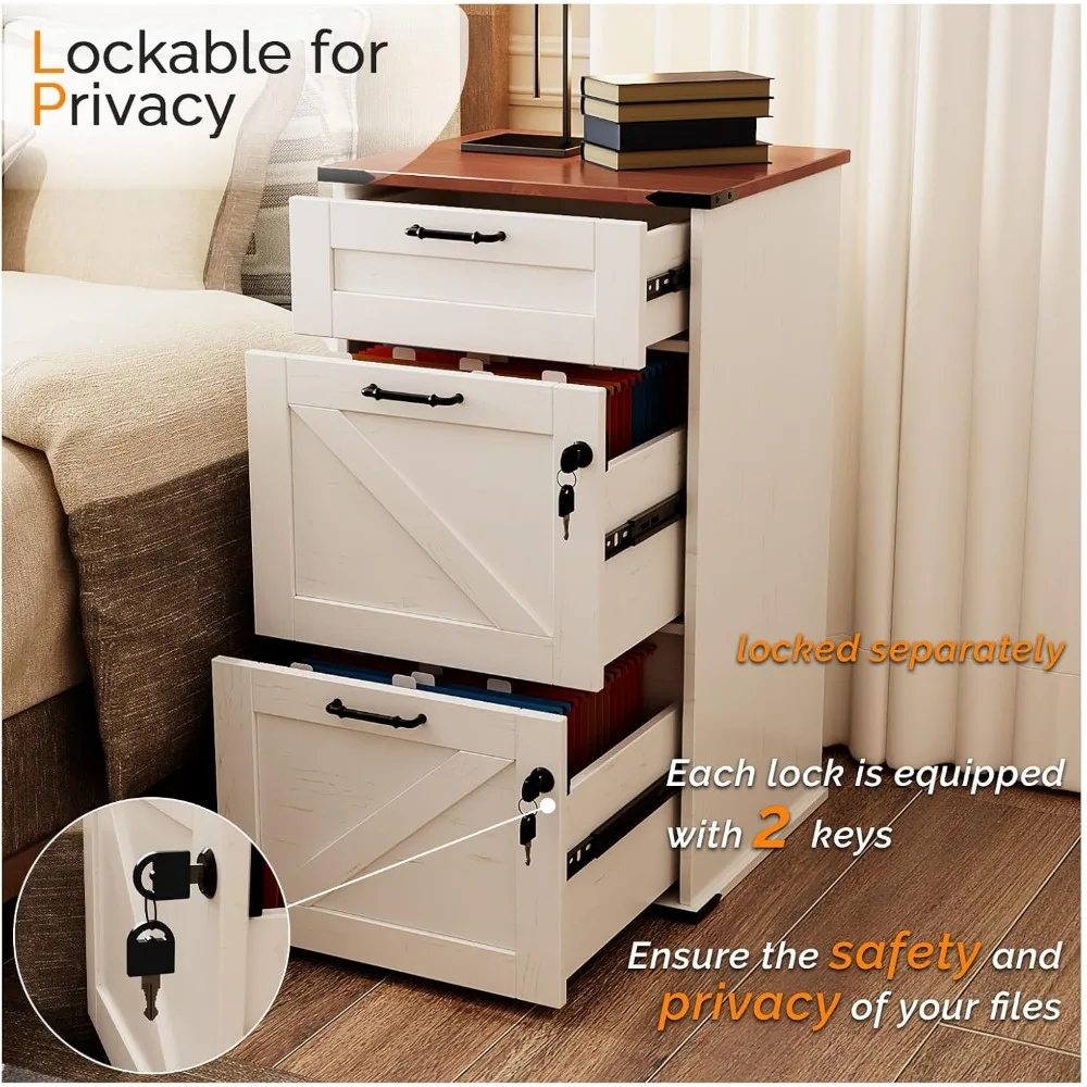 Archivador de tamaño carta de 3 cajones estilo granja moderno con cerradura para organización de oficina en casa