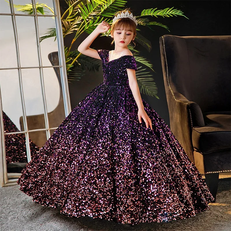 Little Girl Deep Purple Dresses Party and Wedding Summer 2023 Kids Birthday Evening Long Dress Sequin Luxury Gowns Child Costume