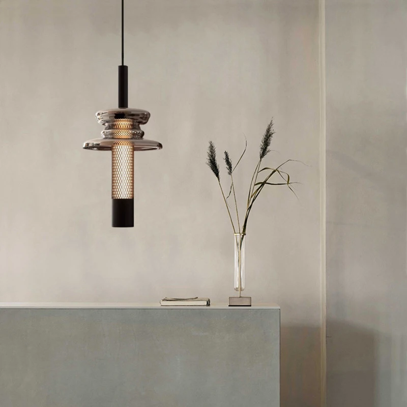 

New Style Gray Glass Pendant Light Black Metal For Bedroom Kitchen Dining Room Hanging Lamp Dimmable Wire Length-Adjustable