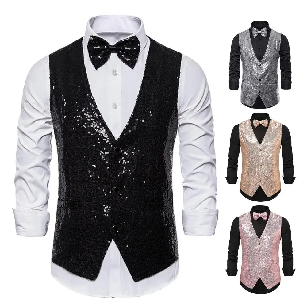 Men Sequin Suit Vest Elegant Men's V-neck Sequin Waistcoat with Bow Tie for Weddings Proms Slim Fit Stage Show Vest with Pockets