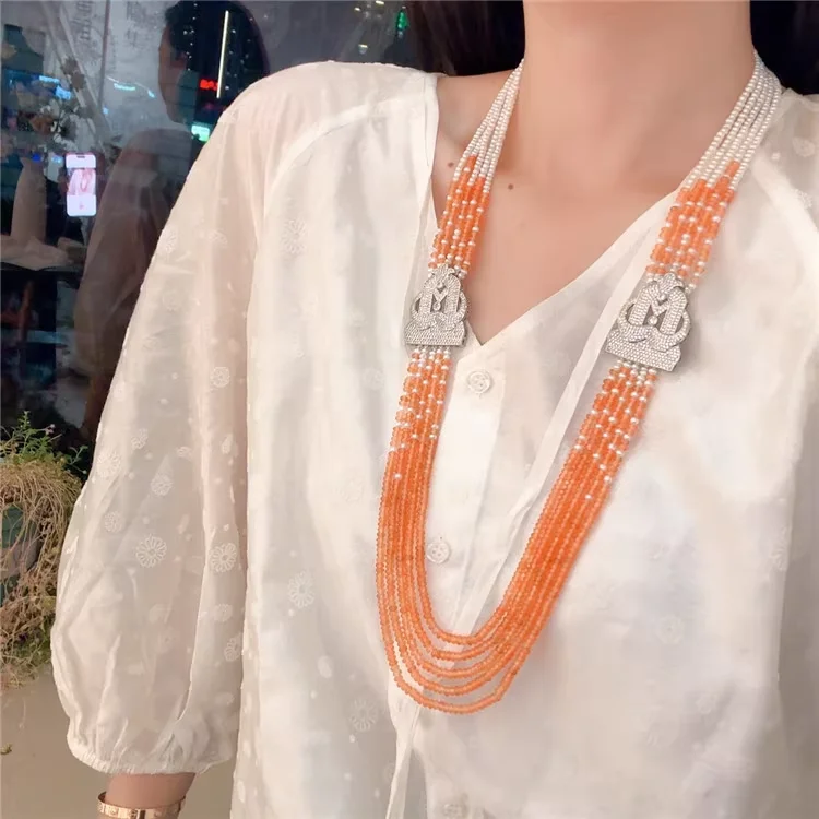 New Natural Pearl With Orange Jade Multi-Layer  Sweater Necklace for Women