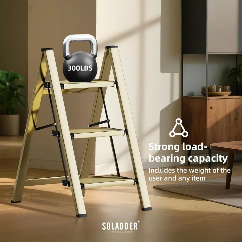 3-Stufen-Leiter, rutschfeste und leichte faltbare Trittleiter für Erwachsene und Kinder zur Verwendung in der Küche, Schrank und Bibliothek, 300 Pfund (Gold).
