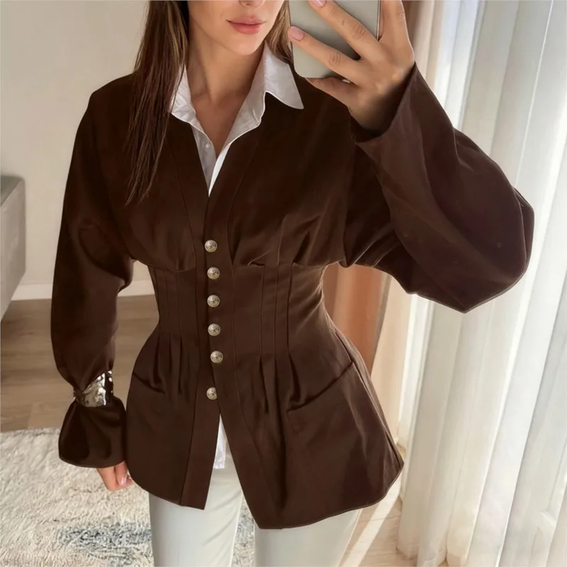 Primavera e outono novo temperamento commuter camisa feminina retro marrom escuro cardigan moda mangas compridas plissado camisa fina topo
