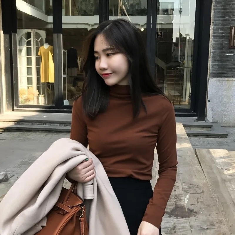 2023 New Bottoming Shirt Women's Brushed Top Korean Style Solid Color Tees Long Sleeve Middle Collar Fall Winter Slim T-Shirts