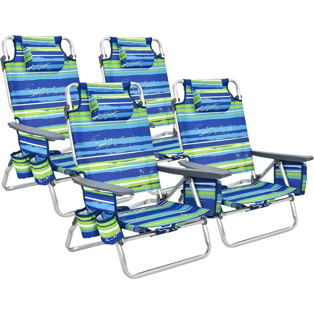 

Folding Beach Chair, Patio Sling Chairs with 5 Adjustable Position, Head Pillow, Storage Bag, Towel Bar, Cup Holders, Backpack