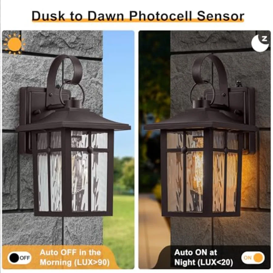 2 Pack Dusk to Dawn Outdoor Lighting, Oil Rubbed Exterior Light Fixtures with Ripple Glass, Waterproof Aluminum Porch Lights, O