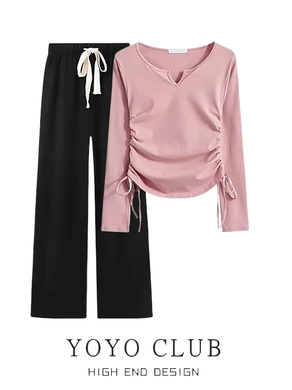 

High Waist Straight Leg Wide Leg Pants Two Piece Set Women's Long Sve V-Ne T-irt Autumn Faion Outfit Brand Bule