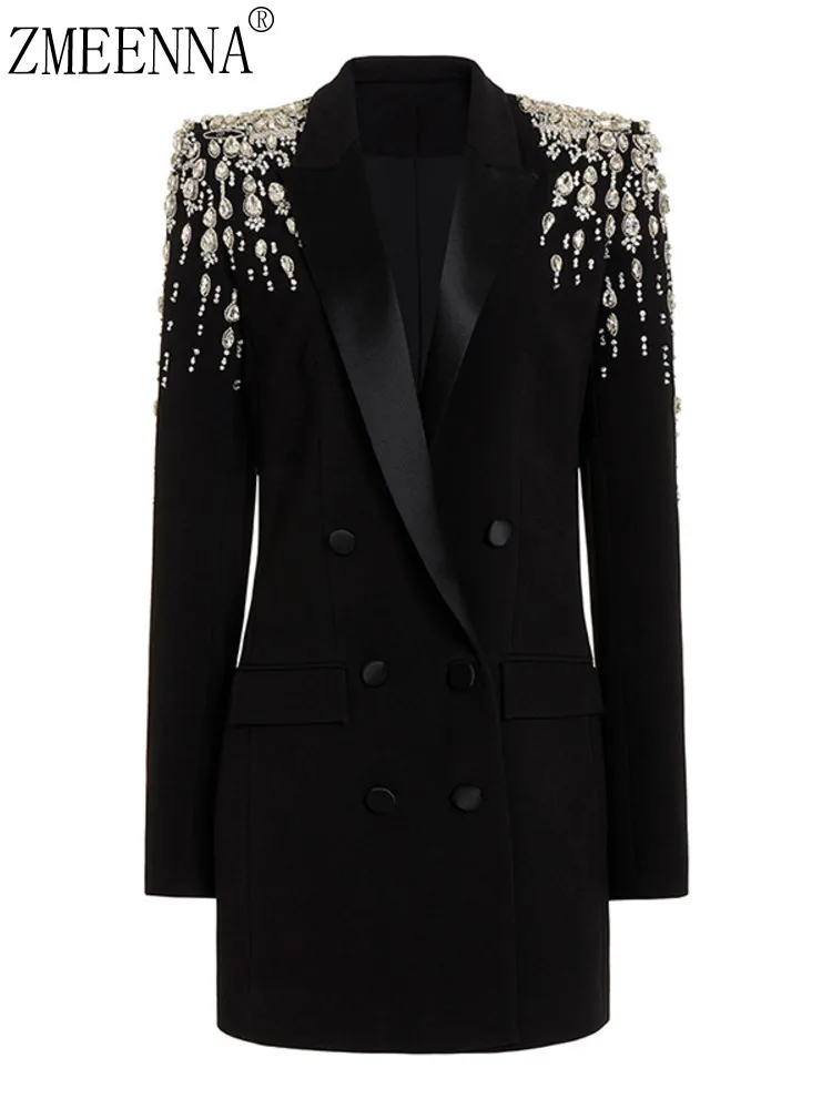 

ZMEENNA Womens Black Double Breasted Blazer Crystal Embellished Shoulder Pad Satin Lapel Elegant Evening Outerwear ZM4603