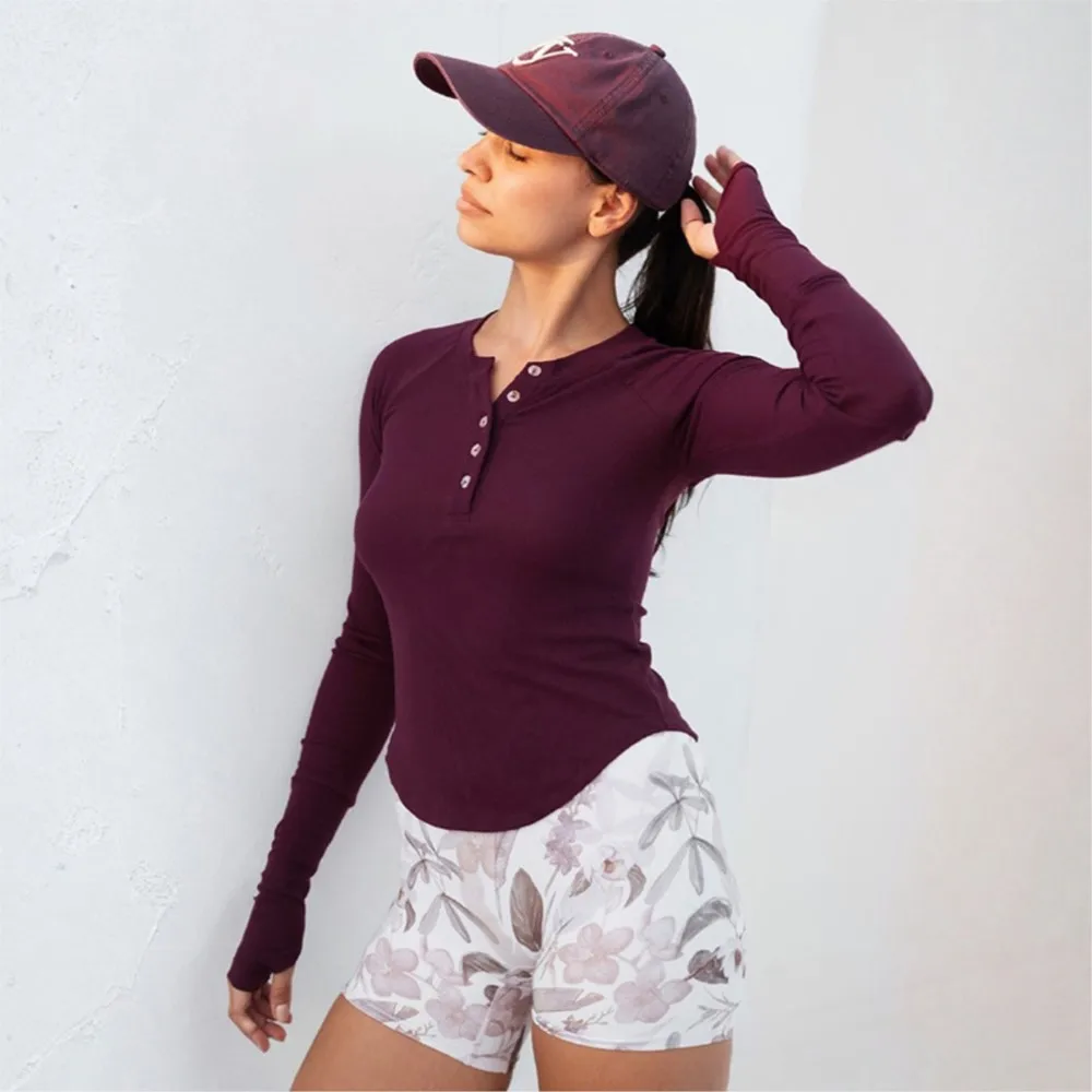 Girocollo raglan con bottoni, orlo curvo, top con strisce per dita, stile semplice, tutto-fiammifero, tinta unita, sottile, confortevole, casual, alla moda